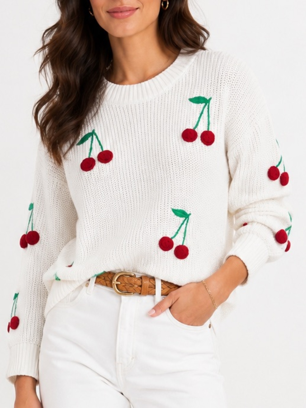 NWT Cynthia Rowley White Novelty Cherry Coquette Crewneck Pullover Sweater M
